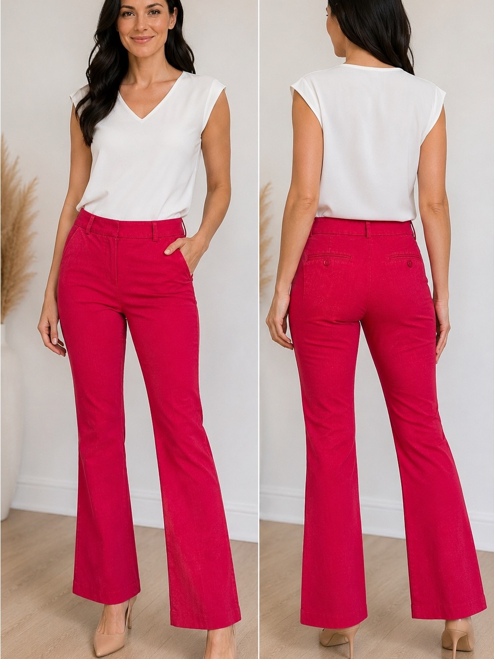 White V-Neck Top with Bright Pink Flared Pants